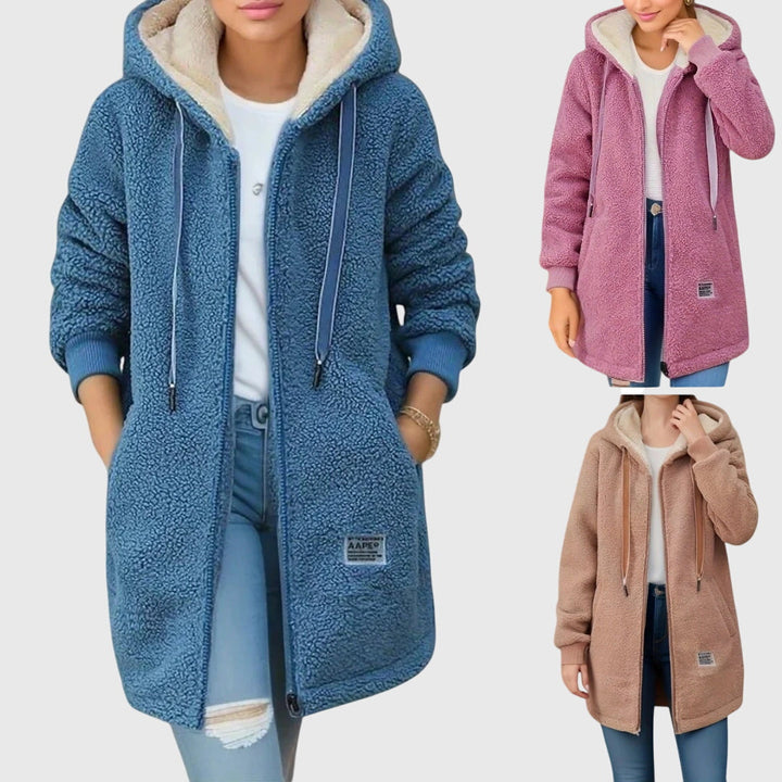 Women's longline hooded fleece jacket with full zip front