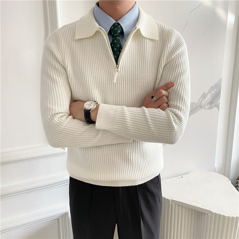 Ribbed collared sweater with short front zip