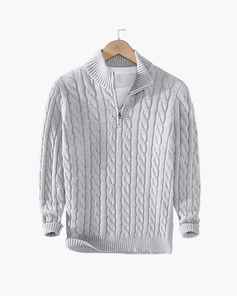 Men's cable knit quarter-zip sweater with mock neck and ribbed trims
