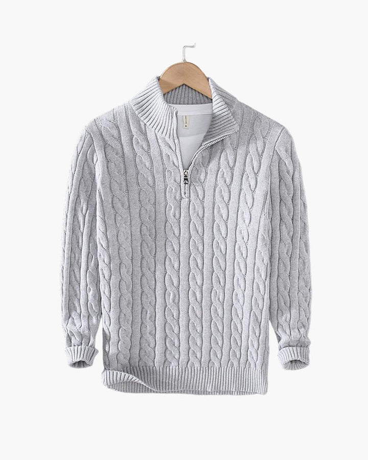 Men's cable knit quarter-zip sweater with mock neck and ribbed trims