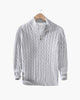 Men's cable knit quarter-zip sweater with mock neck and ribbed trims