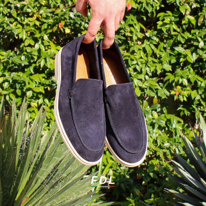 Blue suede moccasin loafers