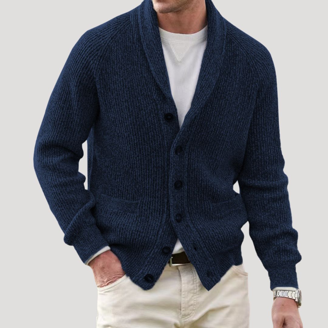 Men's ribbed knit cardigan with shawl collar, button front and front pockets