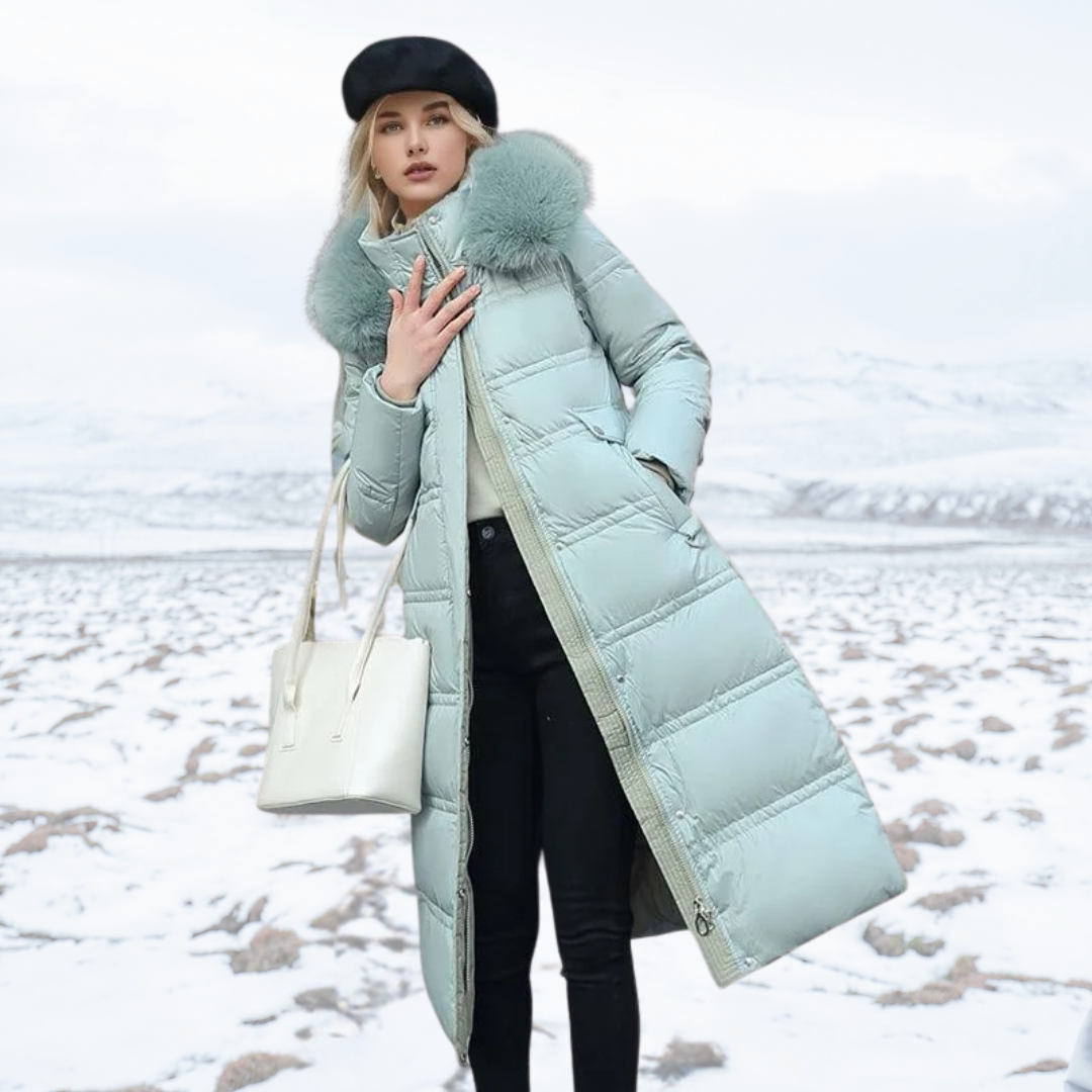 Women's longline quilted winter coat with fur-trim hood