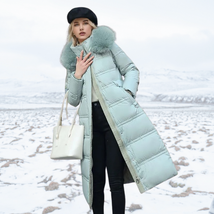 Women's longline quilted winter coat with fur-trim hood