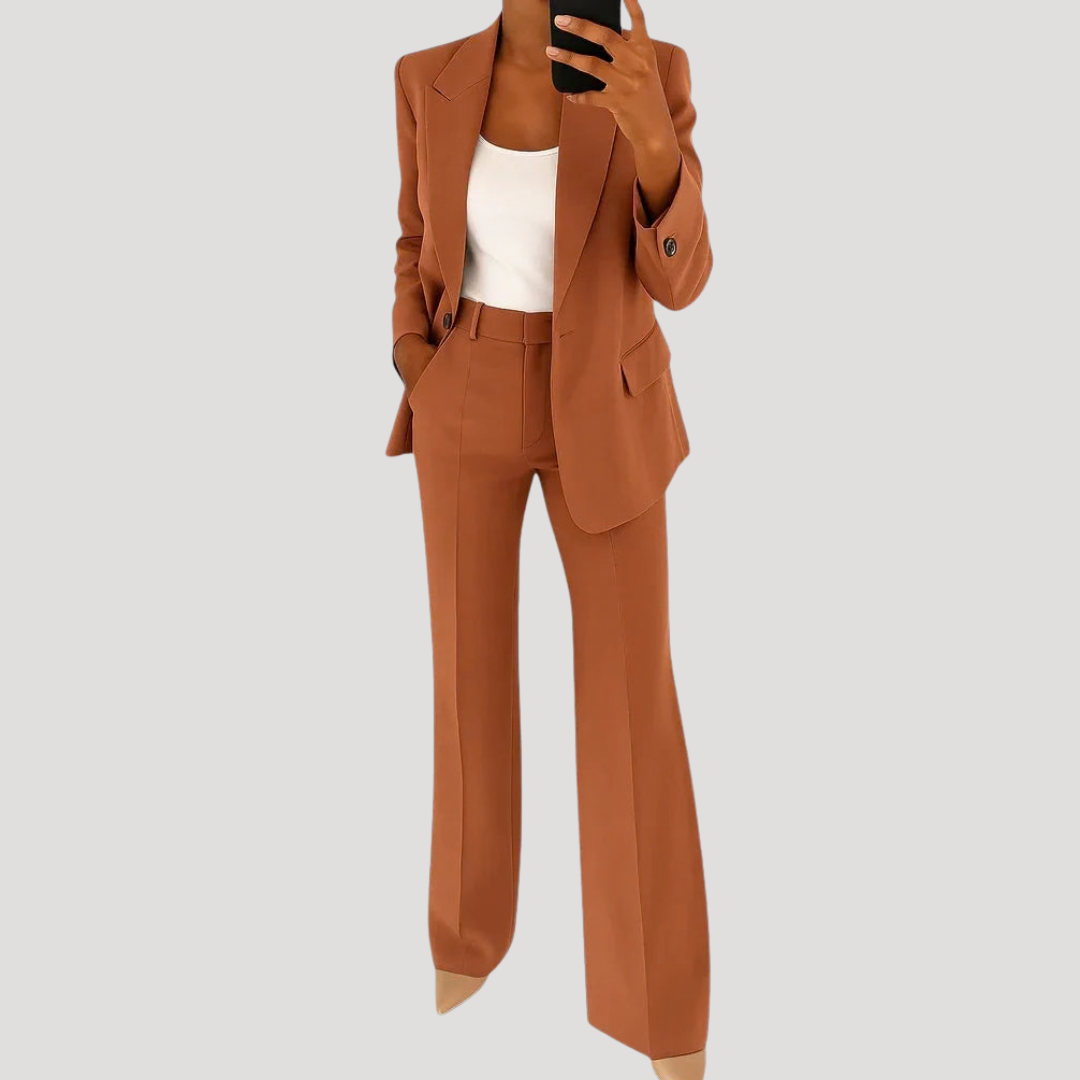 Women's tailored two-piece suit with notched-lapel blazer and straight-leg trousers