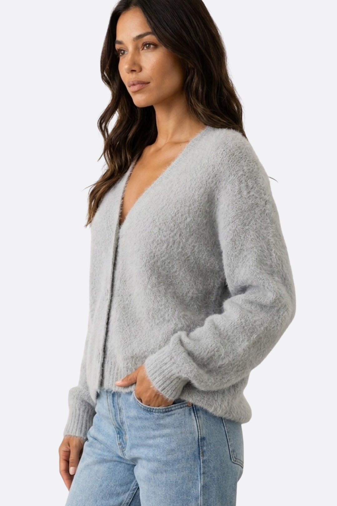 Women's textured V-neck cardigan with long sleeves and button front