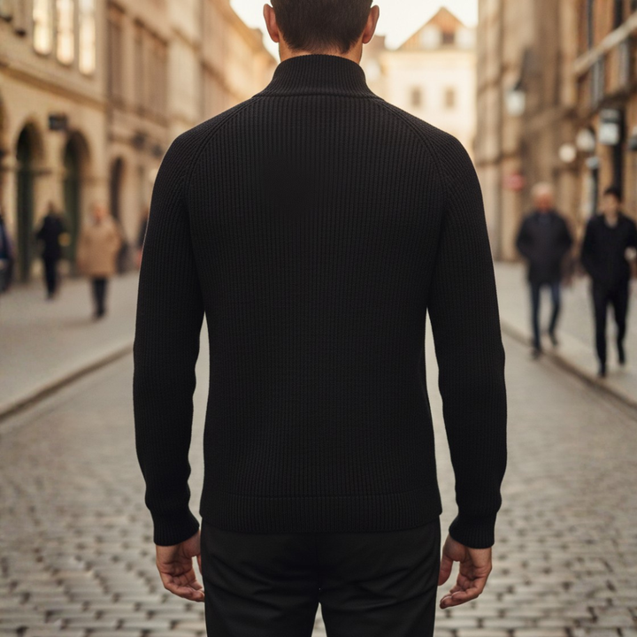 Men's ribbed knit zip cardigan with mock neck and long sleeves