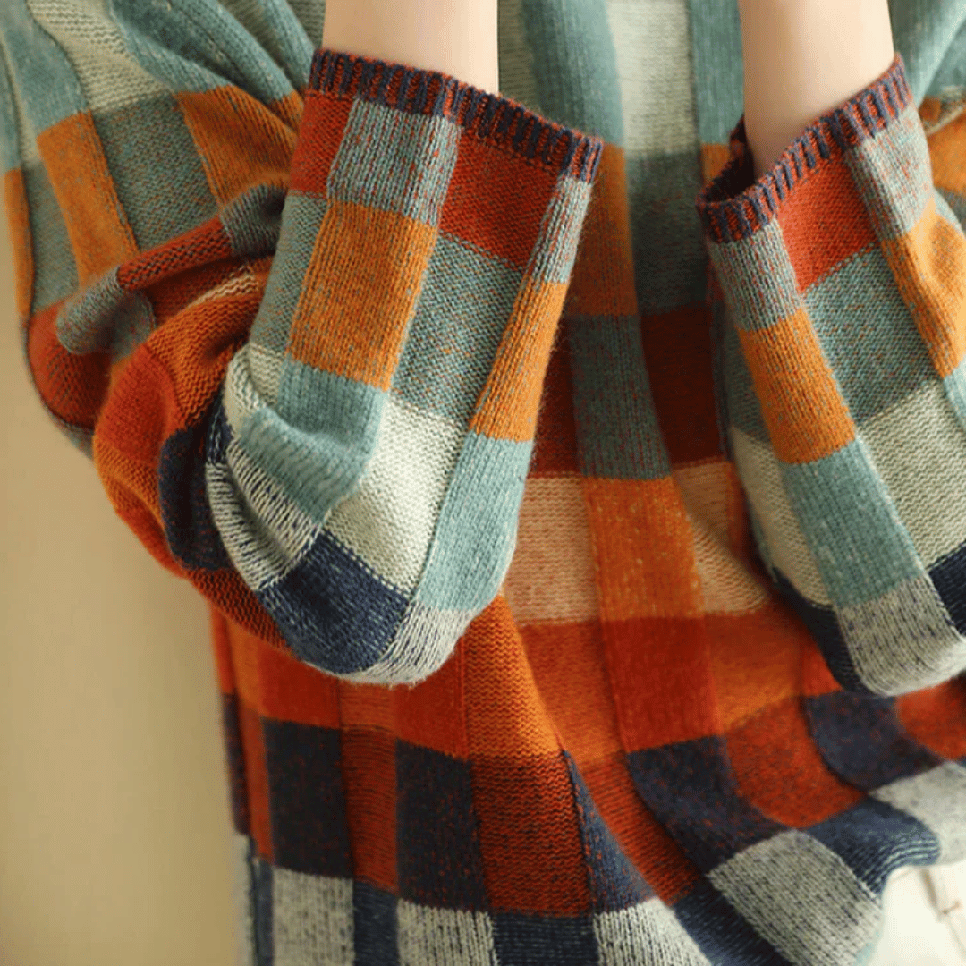 Women's multicolor patchwork turtleneck sweater with long sleeves