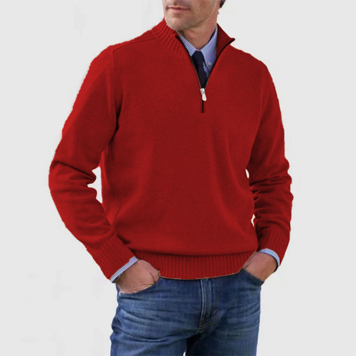 Men's long-sleeve half-zip mock neck sweater with ribbed trims