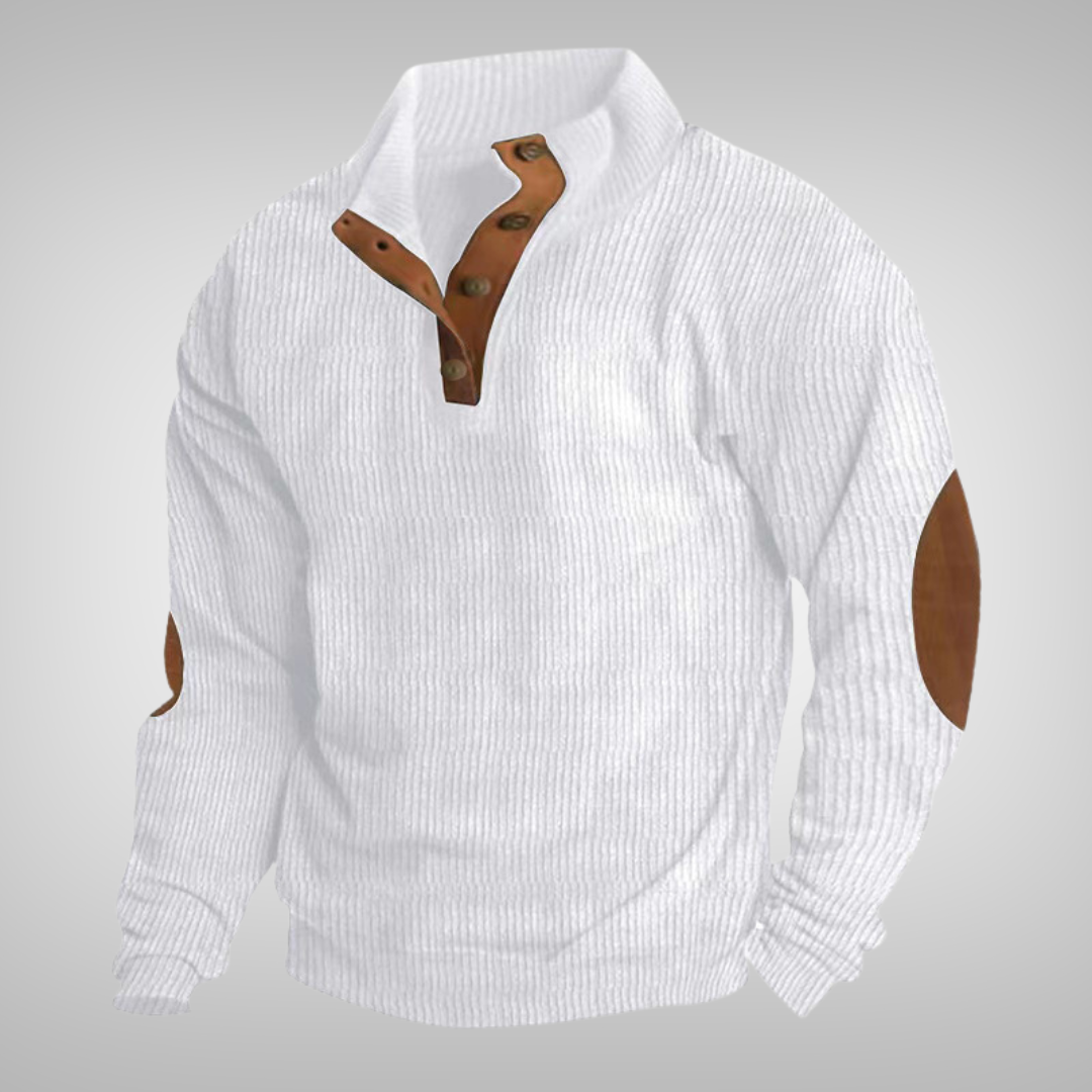 Men's ribbed mock neck sweater with button placket and elbow patches