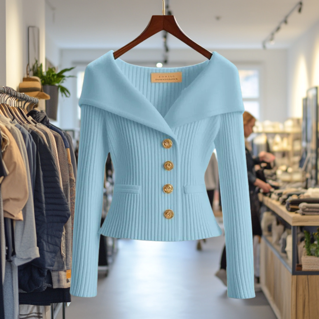 Women's ribbed button front cardigan with shawl collar, long sleeves and front pockets