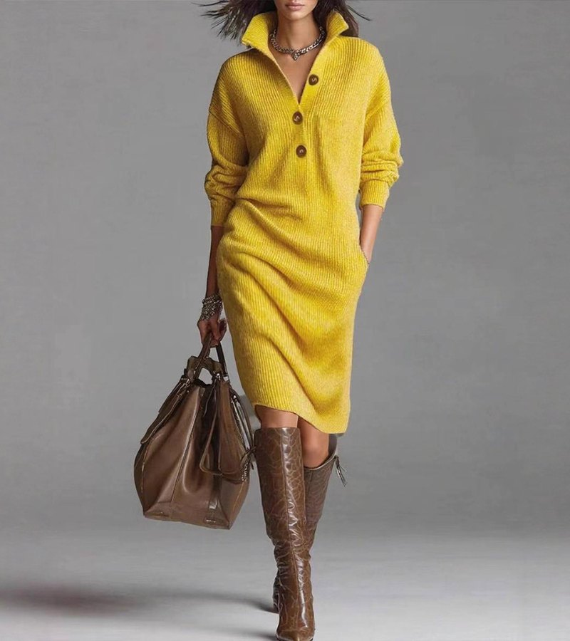 Women's knitted midi dress with high collar, buttons and long sleeves