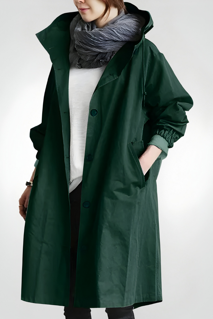 Women's longline hooded jacket with button front and gathered sleeves