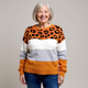 Women's leopard print color block sweater with crew neckline and long sleeves