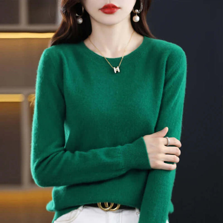 Women's crew neck knitted sweater with long sleeves and ribbed trims