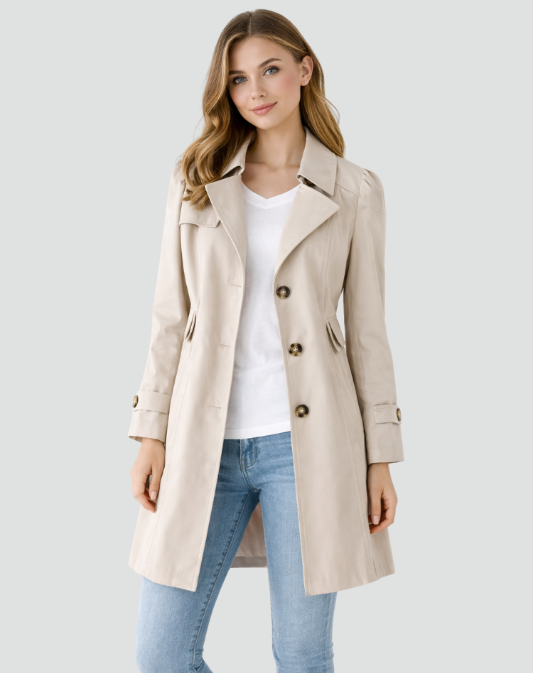 Women's long sleeve trench coat with notched lapel collar and button front