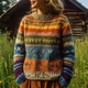 Women's orange striped crew neck jumper with long sleeves and botanical motifs