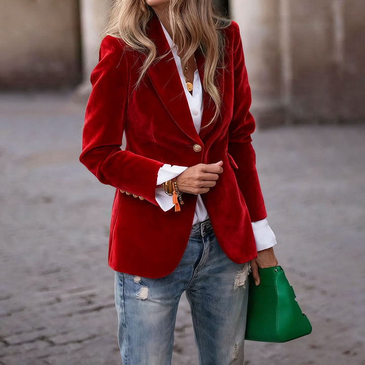 Women's tailored blazer with notched lapels, long sleeves and single-button front