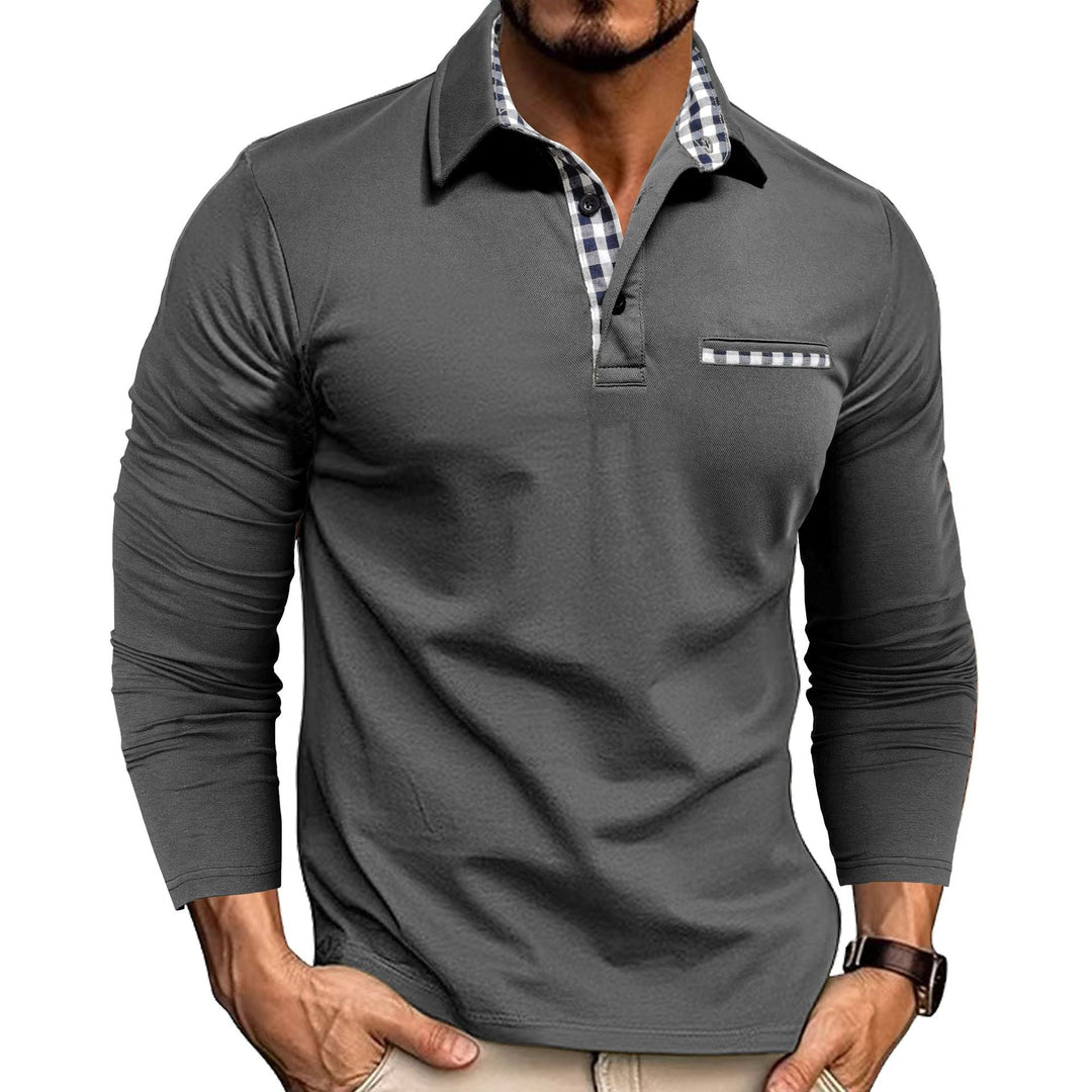 Long sleeve polo shirt with checked contrast collar and chest trim