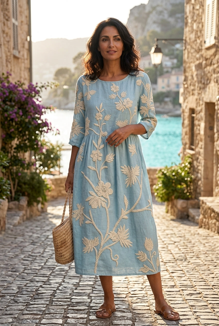 Embroidered Floral Midi Dress for Women, Gathered Waist