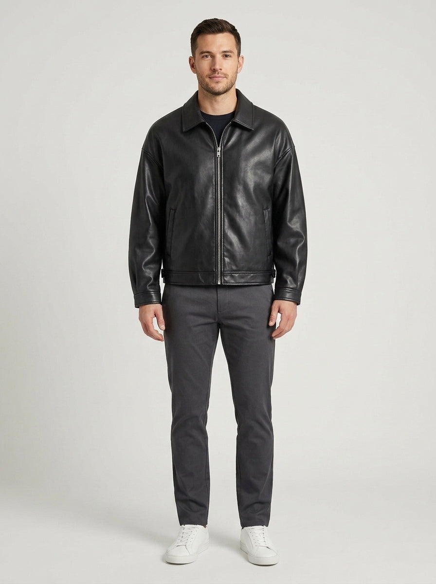 Men's black collared zip-front jacket with long sleeves and front pockets