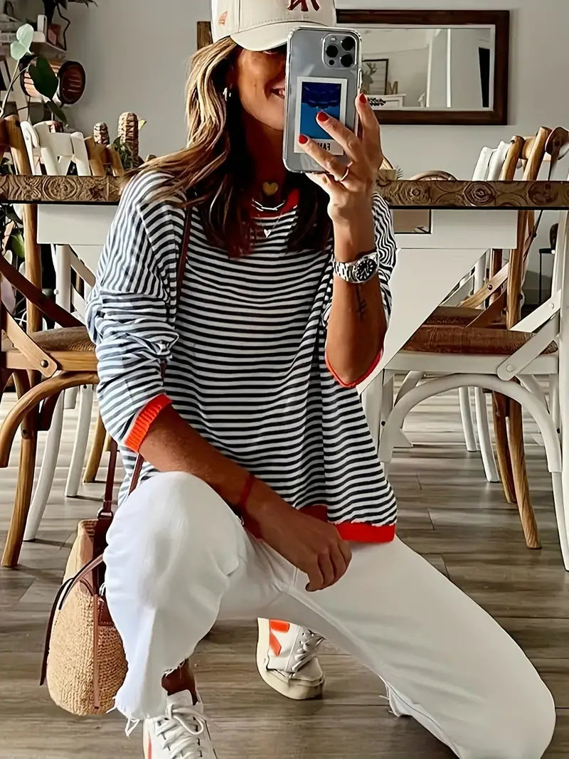 Women's striped turtleneck jumper with orange ribbed trim
