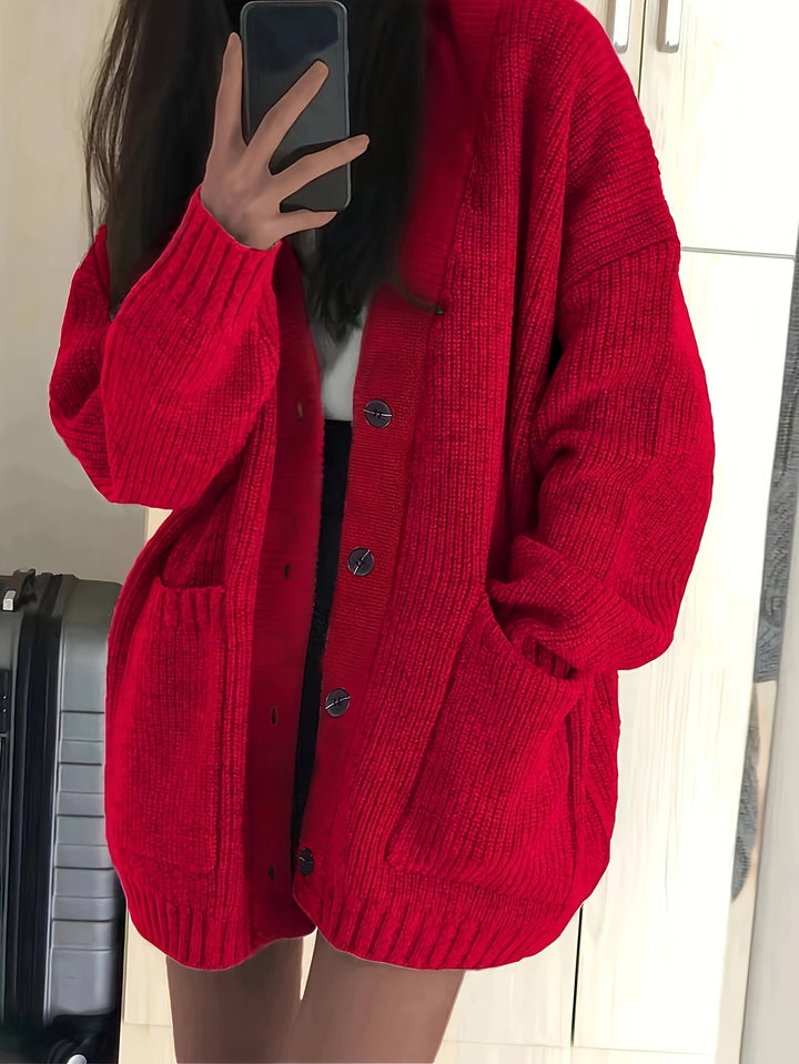 Women's ribbed button-front cardigan with V-neck, long sleeves and patch pockets