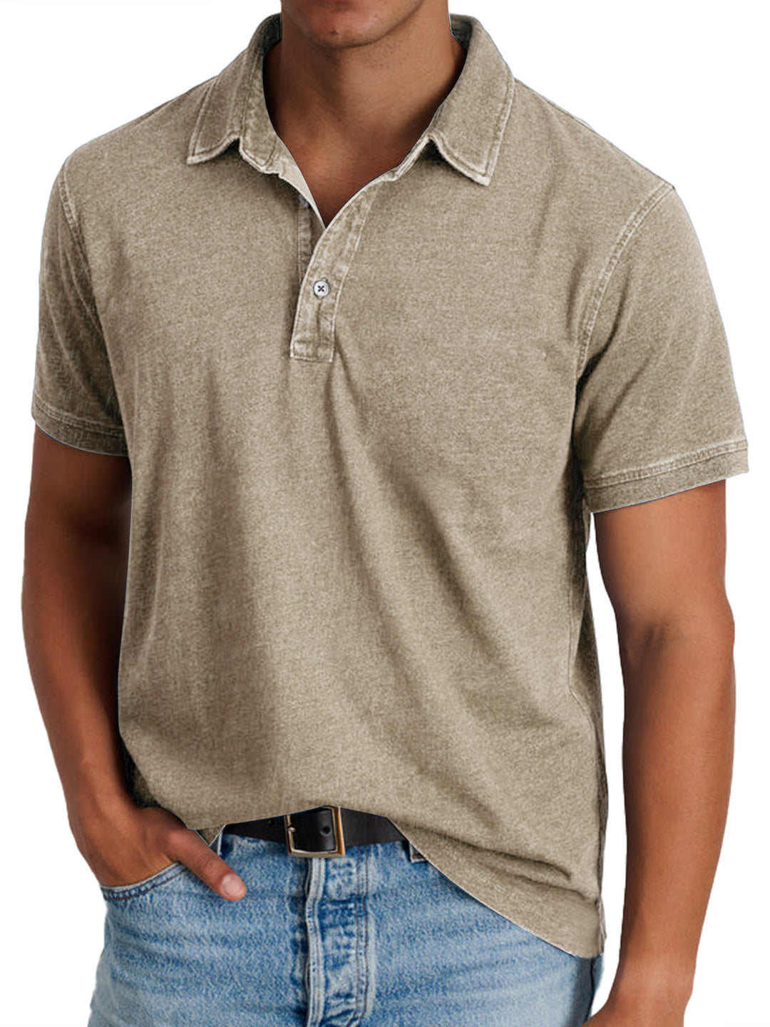 Men's blue polo shirt with collar and button front, short sleeves