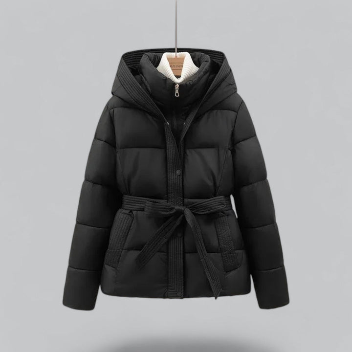 Women's belted quilted hooded parka jacket