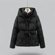 Women's belted quilted hooded parka jacket