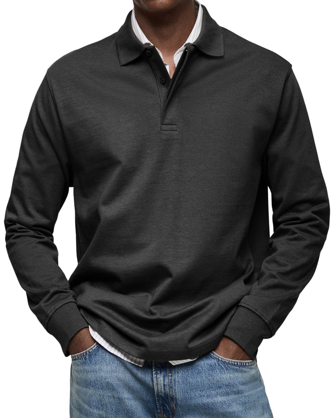 Men's long sleeve polo sweater with collared button placket and ribbed cuffs