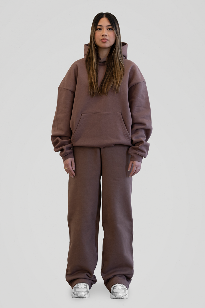 Brown unisex pullover hoodie with hood, long sleeves and front kangaroo pocket