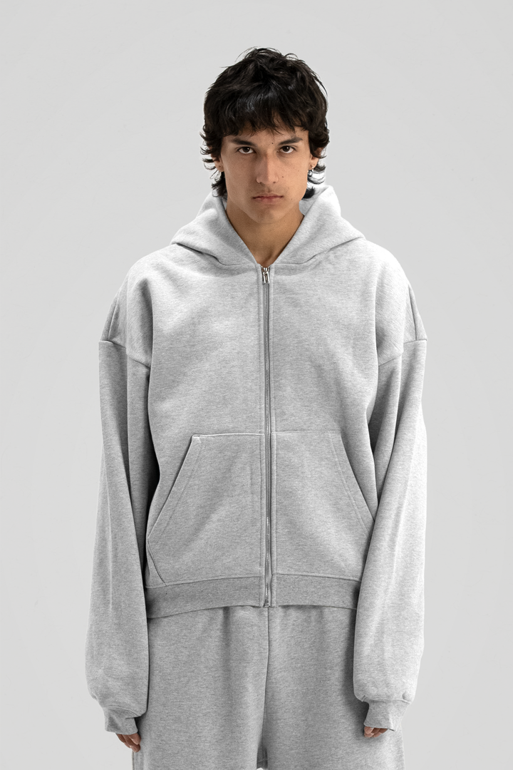 Men's gray zip-up hoodie with hood, long sleeves and front kangaroo pocket
