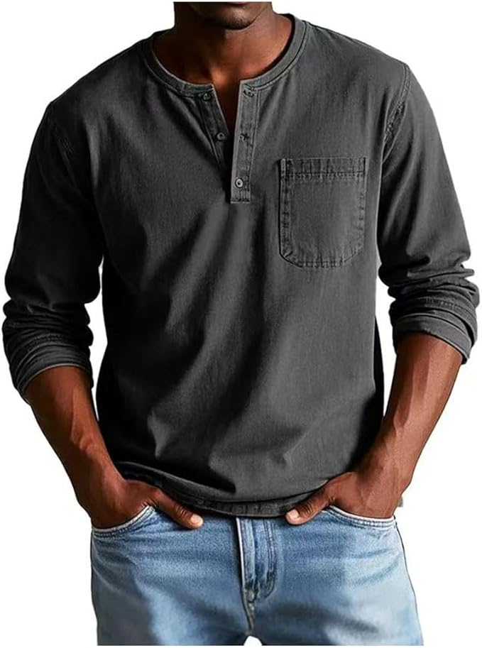 Men's long-sleeve Henley shirt with button placket and chest pocket