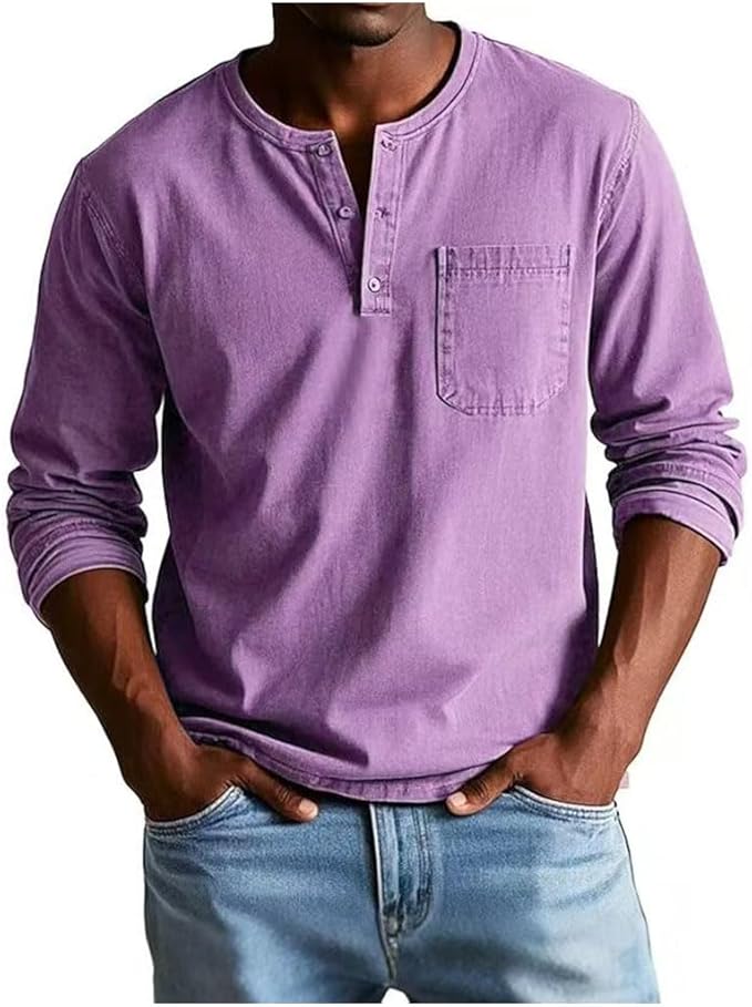 Men's long-sleeve Henley shirt with button placket and chest pocket