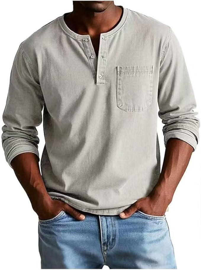 Men's long-sleeve Henley shirt with button placket and chest pocket