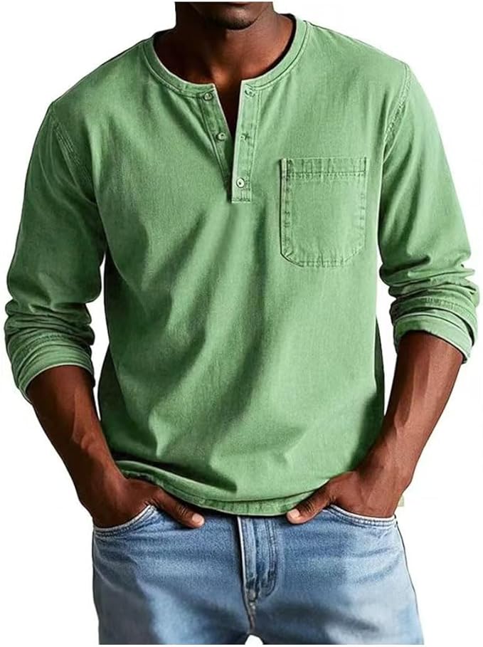 Men's long-sleeve Henley shirt with button placket and chest pocket