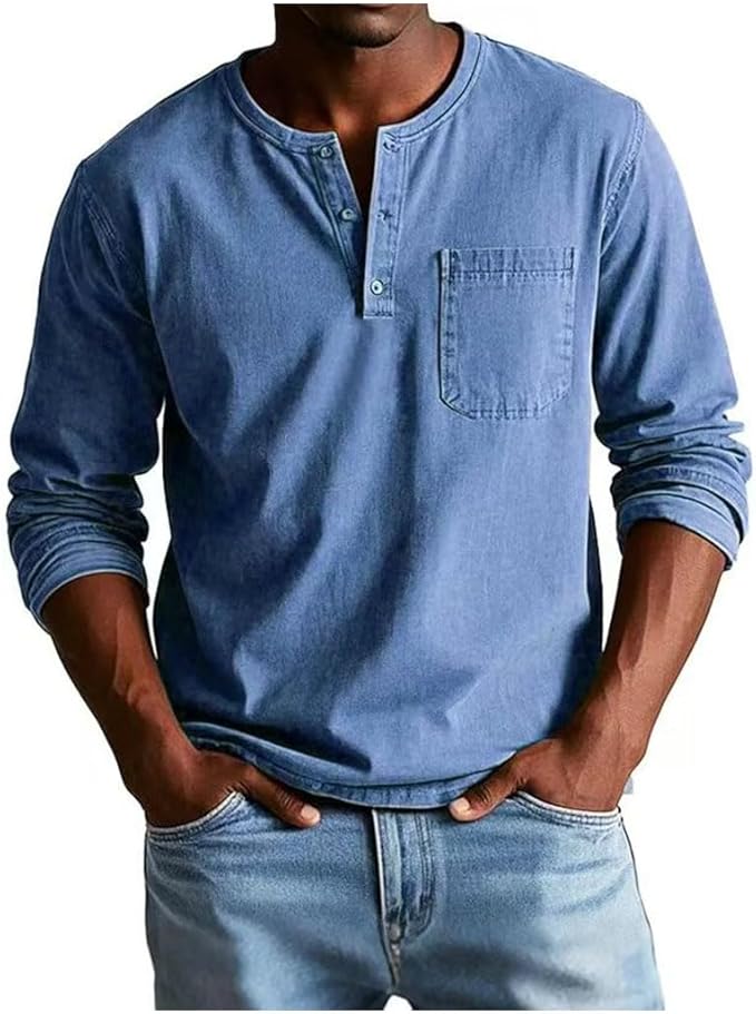 Men's long-sleeve Henley shirt with button placket and chest pocket
