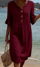 Women's Linen Blend Shift Dress, Buttoned V-Neck, Ruffle Cuffs