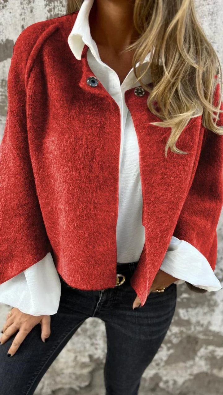 Women's textured hip-length coat with long sleeves and button front