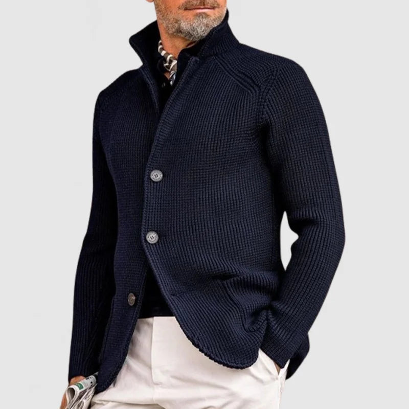 Men's textured knit cardigan with stand collar, button front and patch pockets