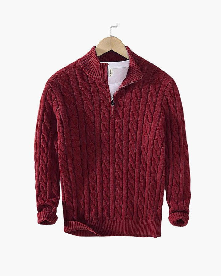 Men's cable knit quarter-zip sweater with mock neck and ribbed trims