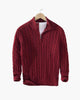 Men's cable knit quarter-zip sweater with mock neck and ribbed trims