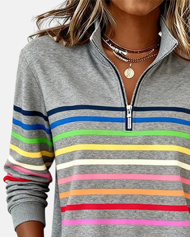 Women's Rainbow Striped Zip Sweatshirt in Gray - View 7 | Bellmere