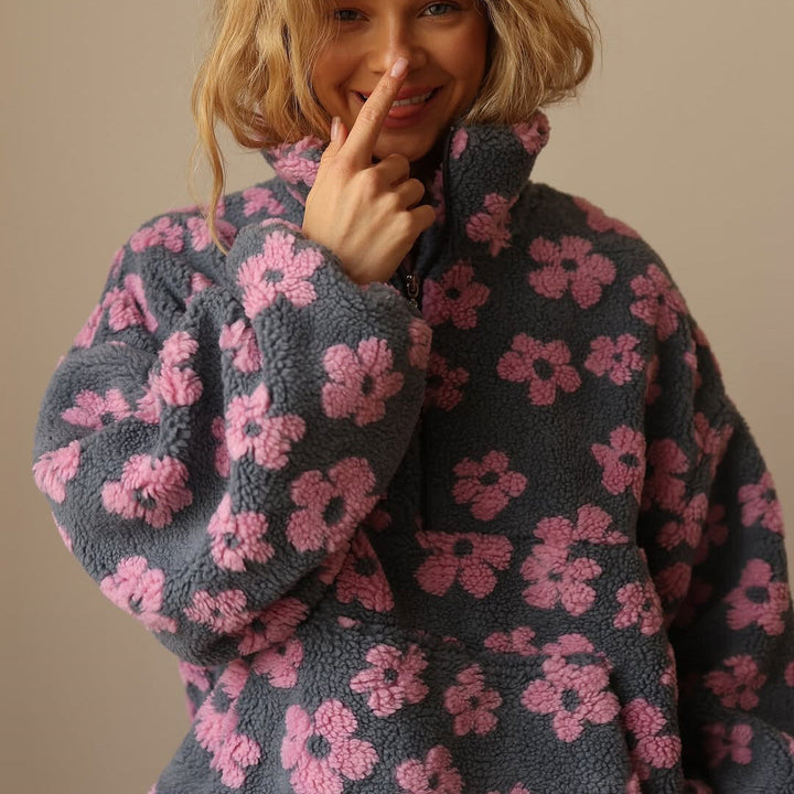 Women's floral fleece half-zip pullover with high collar