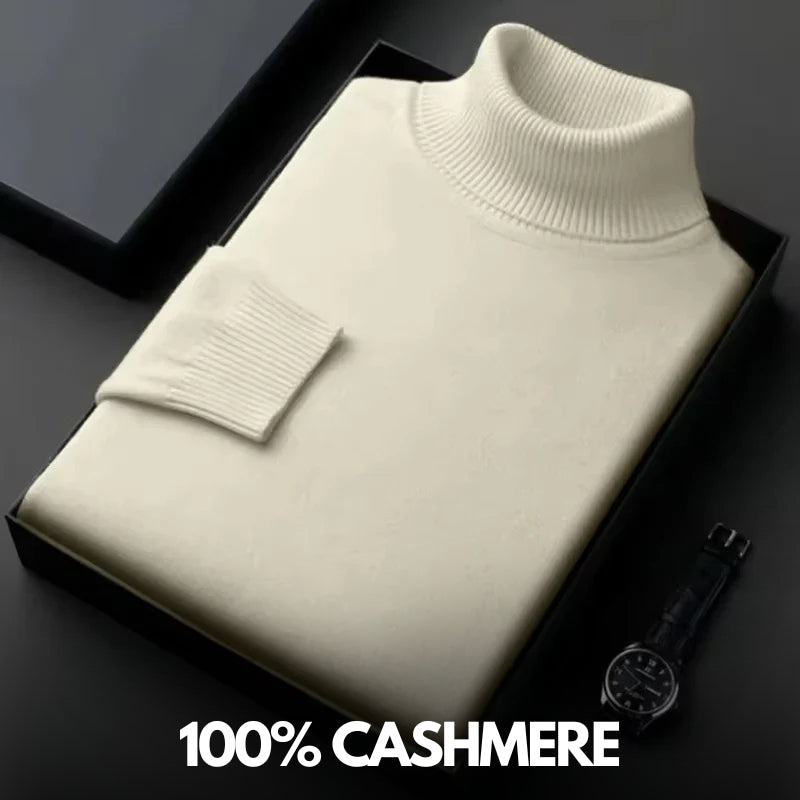 Folded plain knit turtleneck sweater with ribbed collar and cuffs