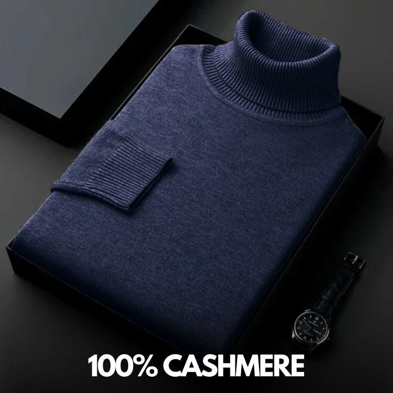Folded plain knit turtleneck sweater with ribbed collar and cuffs