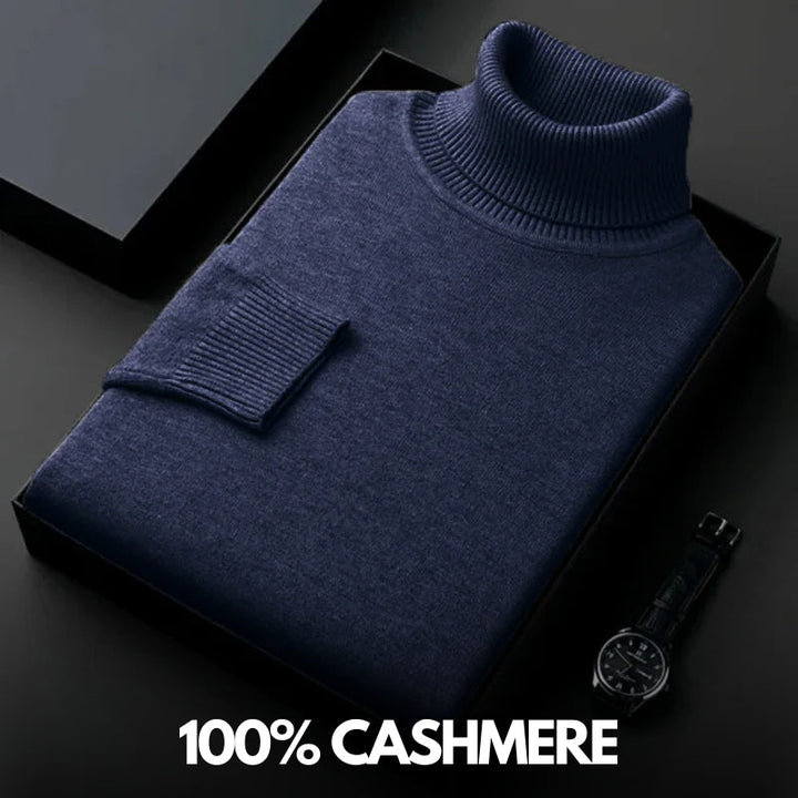 Folded plain knit turtleneck sweater with ribbed collar and cuffs