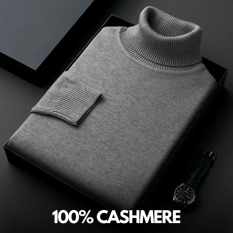 Folded plain knit turtleneck sweater with ribbed collar and cuffs